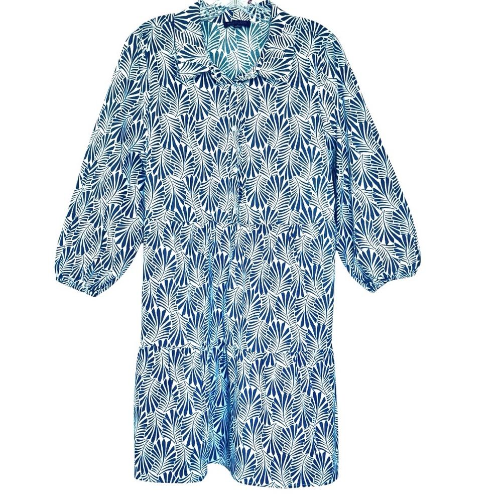 Rachel Zoe Blue and White Palm Print Tiered Tunic Dress XL Boho Tropical Cotton